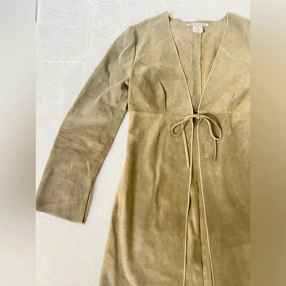 ANJA FLINT Leather Suede Size L Duster Cardigan Tie Up Khaki Neutral Lagenlook - Picture 4 of 13